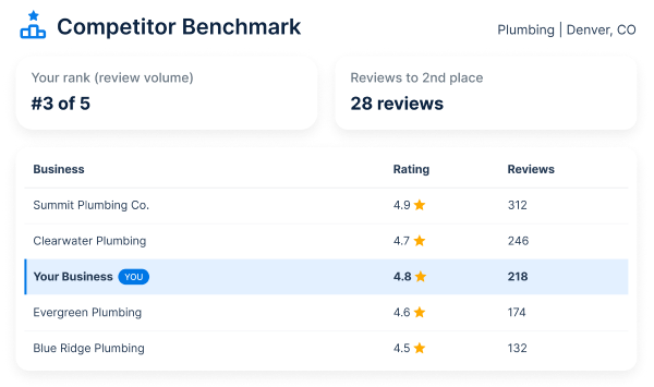 Table row: Your Business, 4.8 star rating, 218 reviews, highlighted as current user