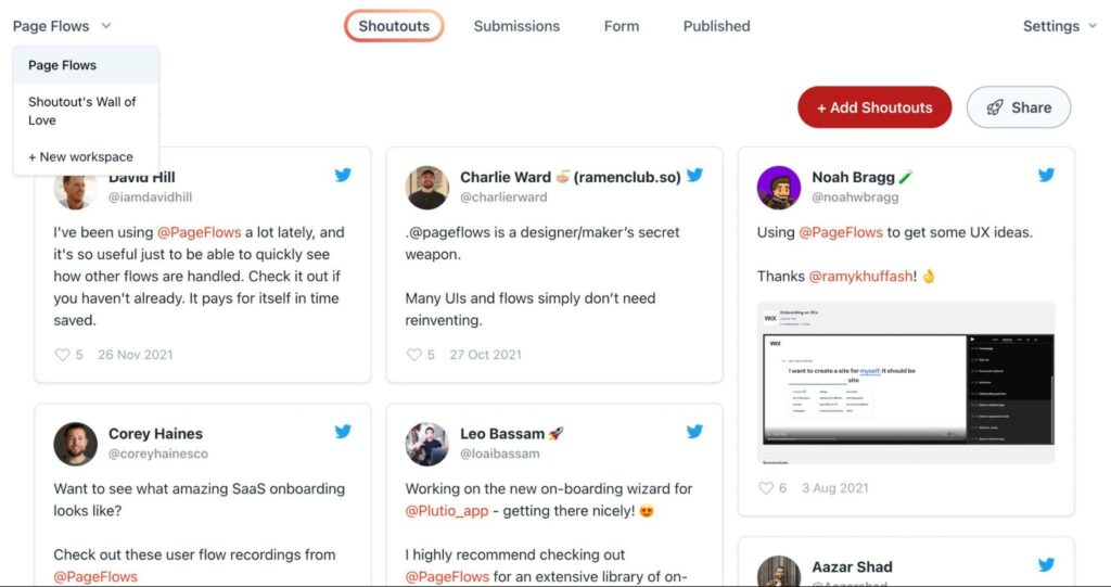 Organizing testimonials in Shoutout