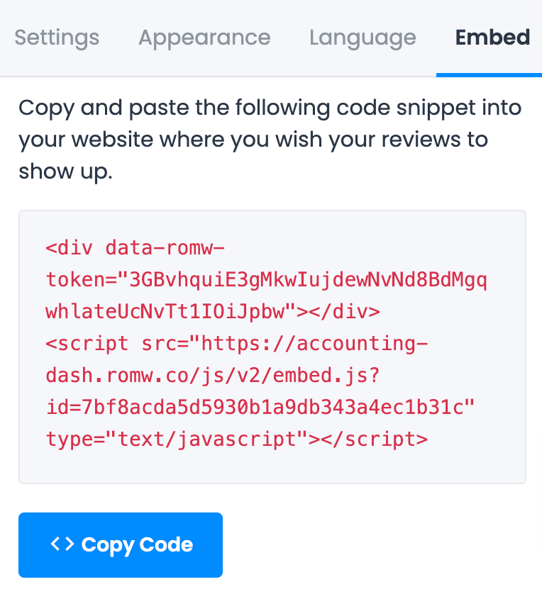 The code snippet generated by LocalImpact's widget editor
