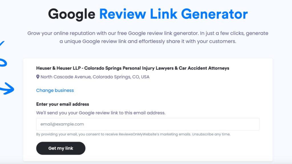 Entering an email address in LocalImpact's Google Review Link Generator tool