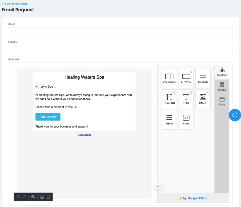 Creating a new request in LocalImpact'ss email editor