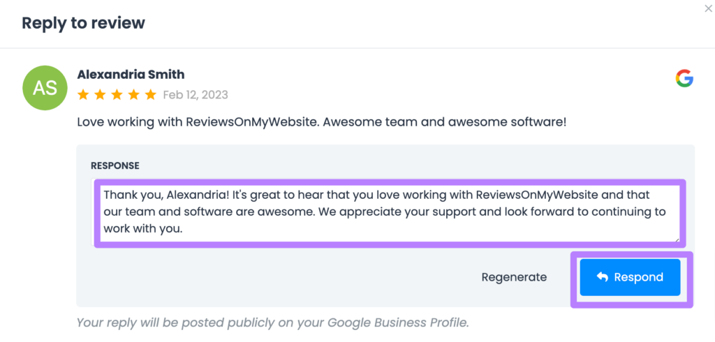 Responding to a review using LocalImpact
