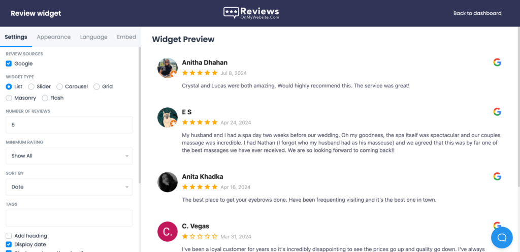 LocalImpact's built-in review widget editor