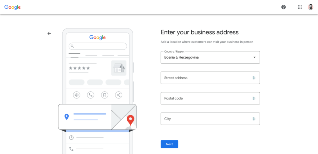Entering your business address in the Google Business Profile creation process