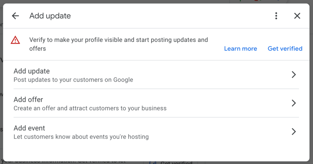Choosing a post type in Google Business Profile