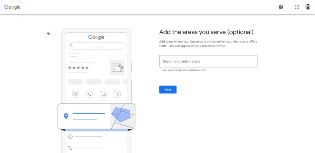 Adding the areas your business serves in the Google Business Profile creation process
