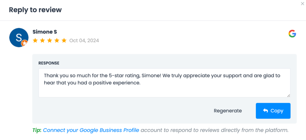 AI-generated review response created with LocalImpact