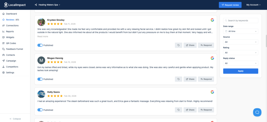 A screenshot of LocalImpact's review feed