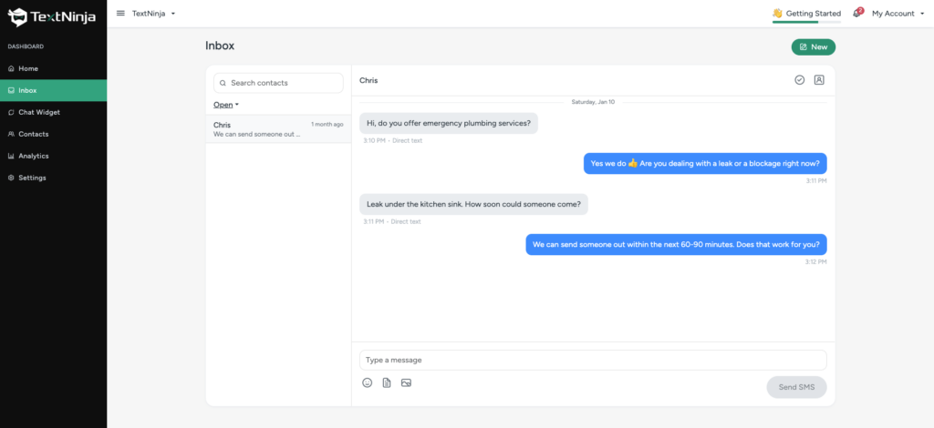 A screenshot of TextNinja's inbox feature