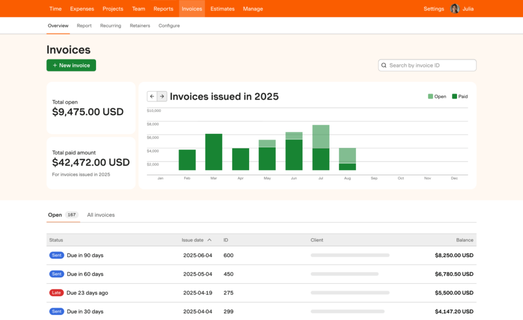 Harvest invoices screenshot