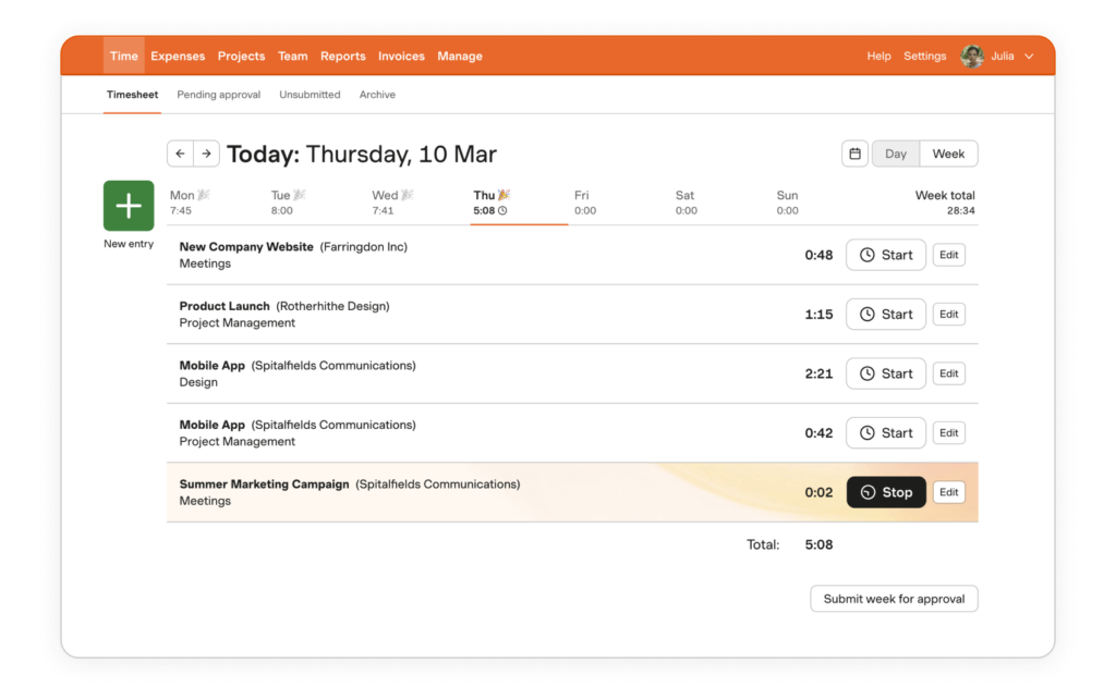 Harvest time tracking screenshot