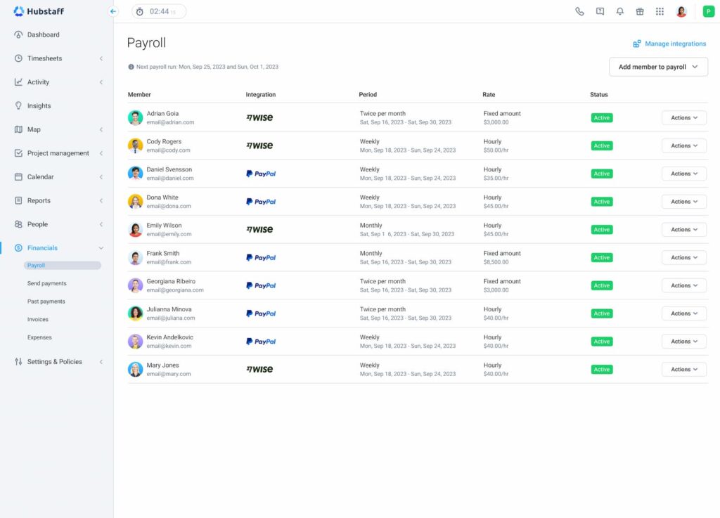 Hubstaff payroll screenshot