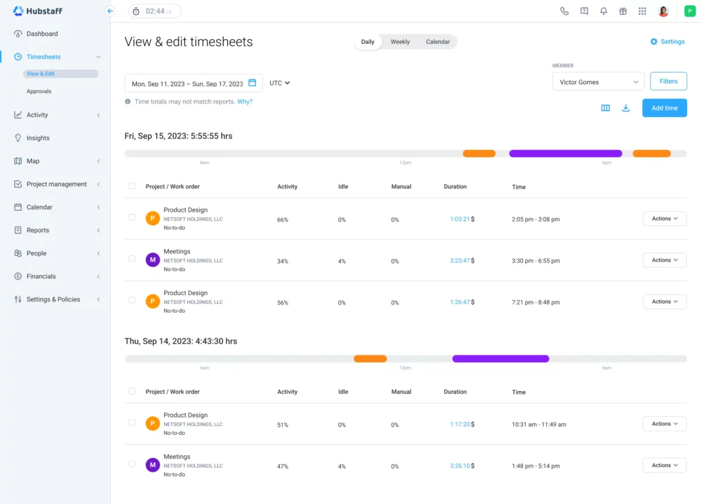 Hubstaff timesheets screenshot