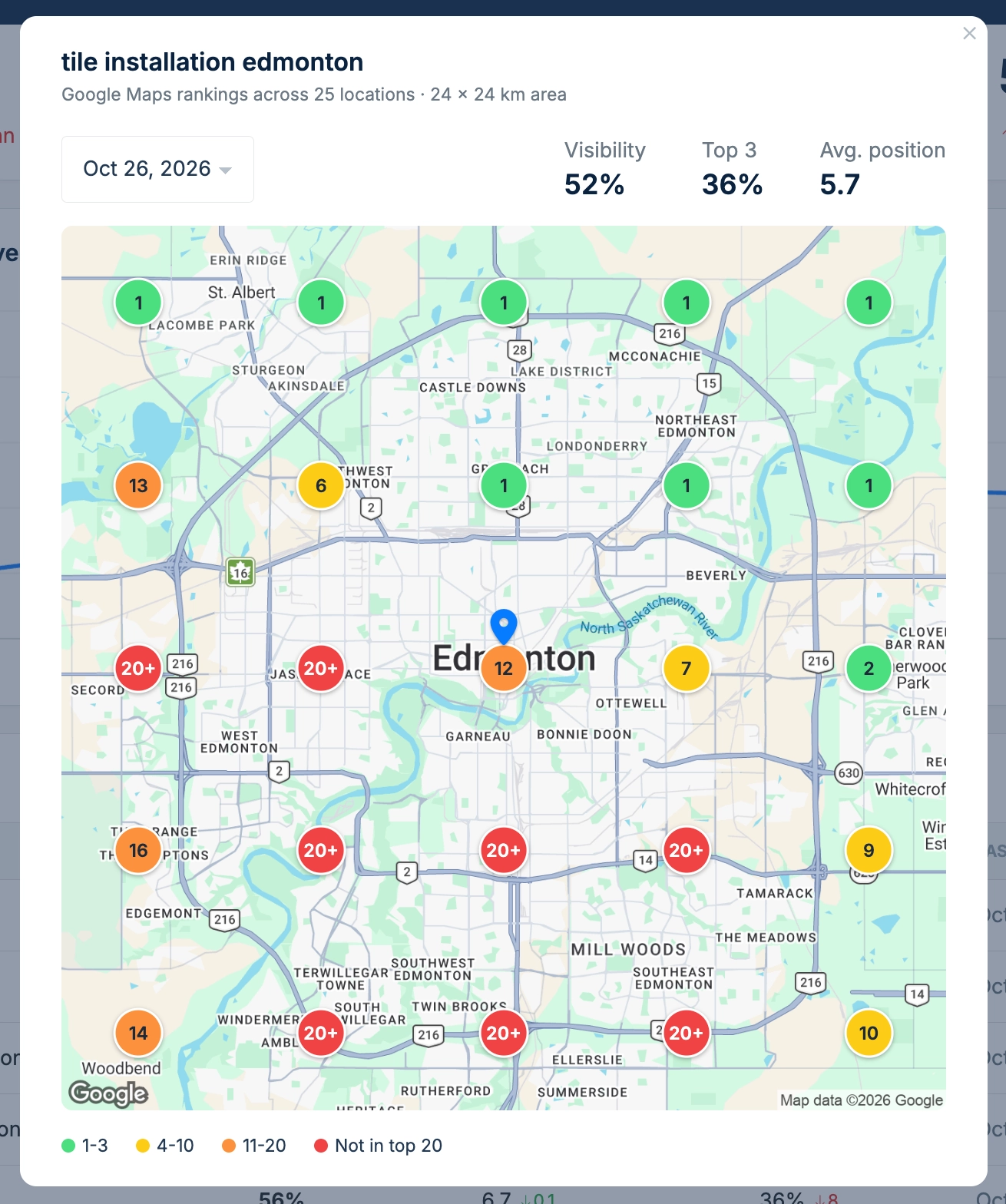 Google Maps ranking grid showing business rankings across 25 locations in Edmonton