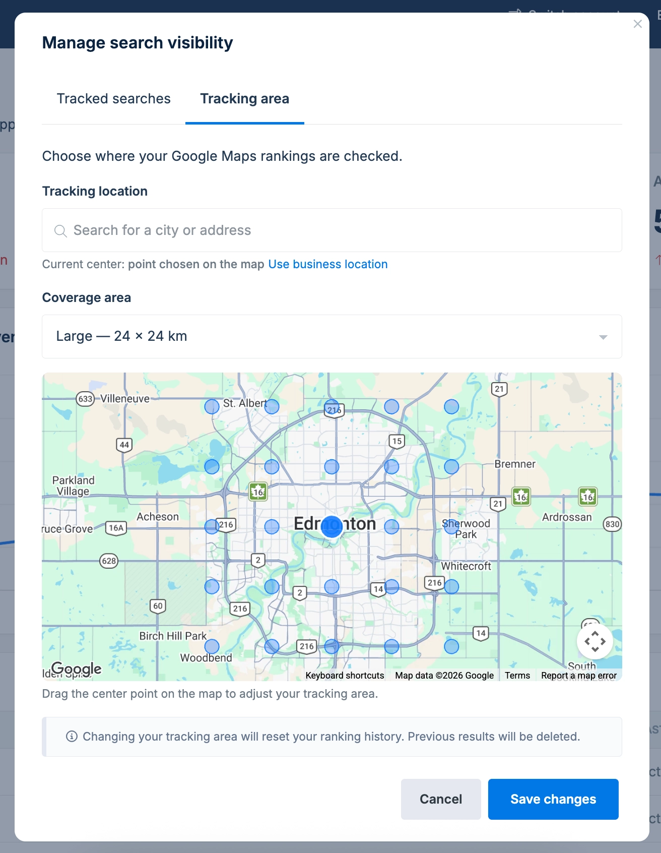 Selecting a tracking area for Google Maps rankings